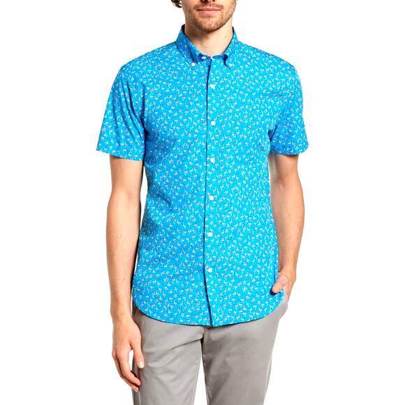 NWT Bonobos Blue with Tiny Pink & White Flamingos Button Shirt XL - Picture 1 of 16